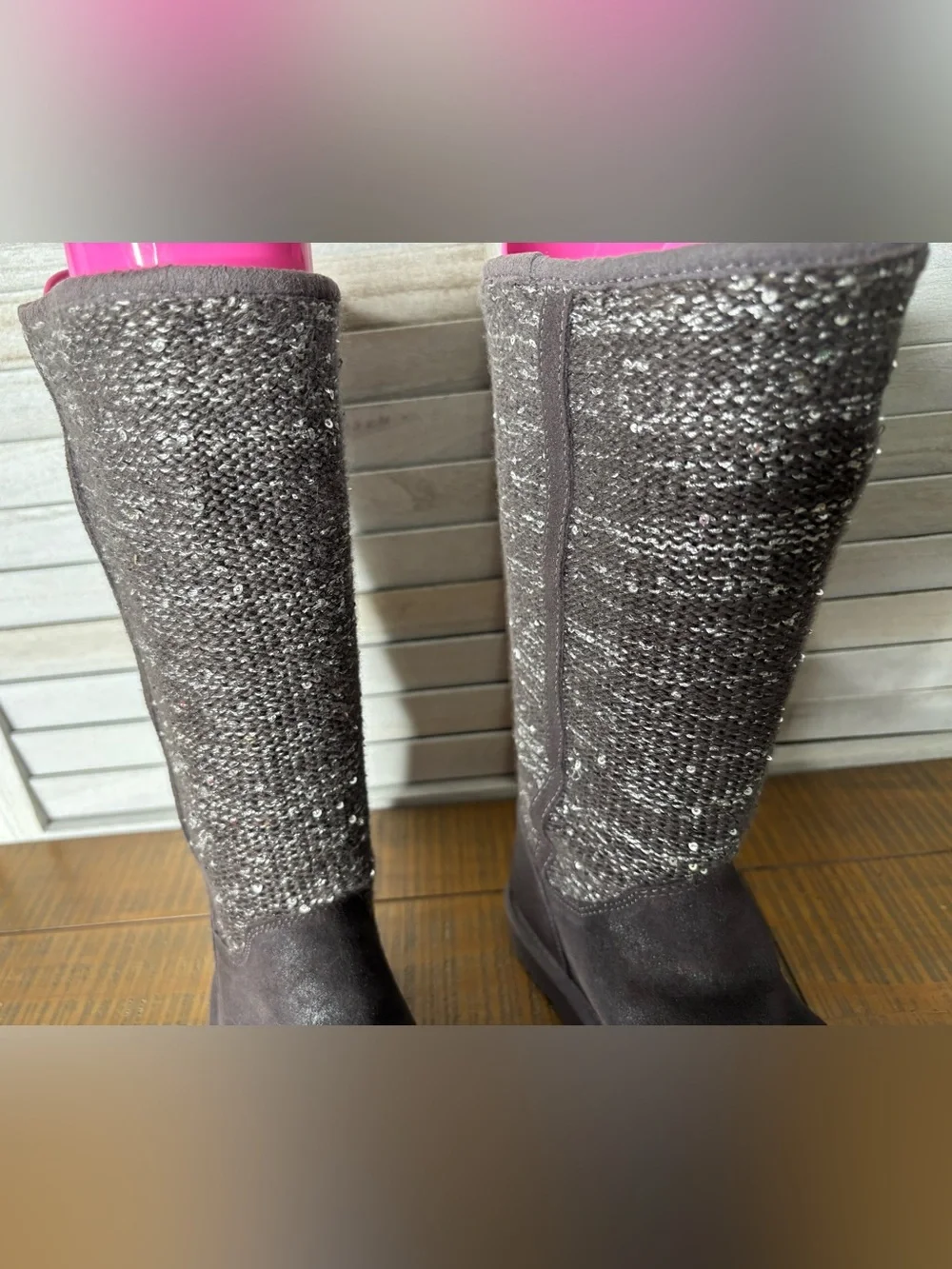 UGG Australia Camaya Tall Suede Sequin Knit Sweater Boots Gray Size 8